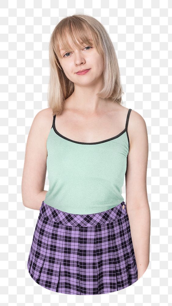 Png blonde girl in green tank top and purple pleated skirt, transparent background