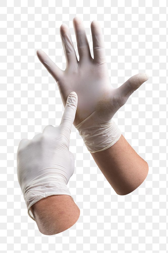 Png hands using medical gloves, transparent background