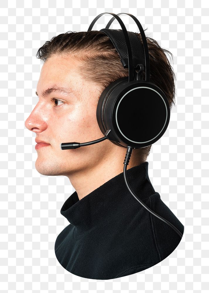 Man wearing headphones png, transparent background