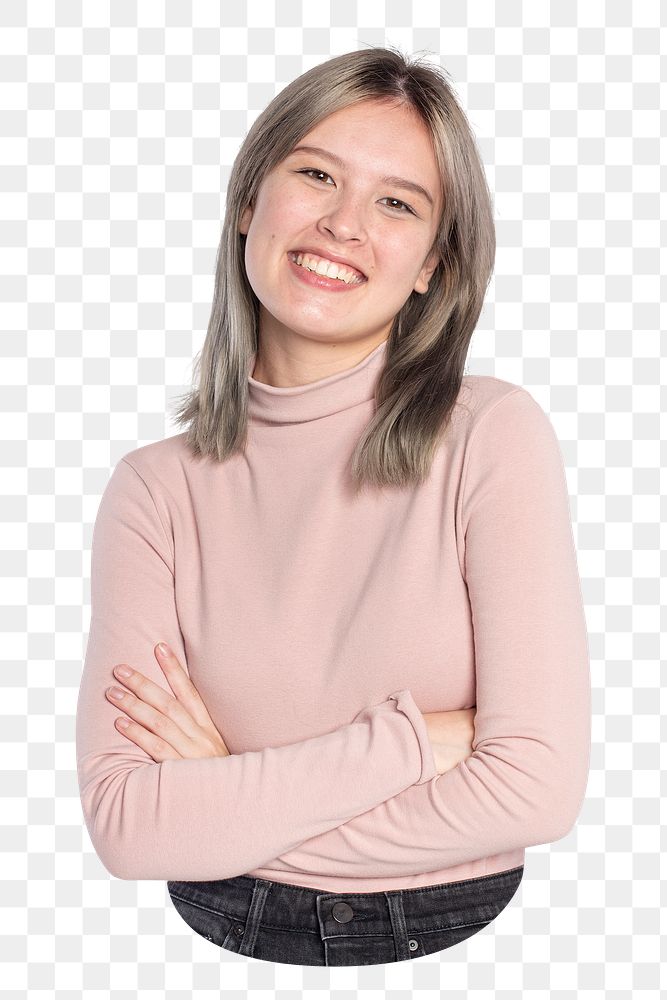 Woman png in pink turtleneck, happy, crossing arms, transparent background