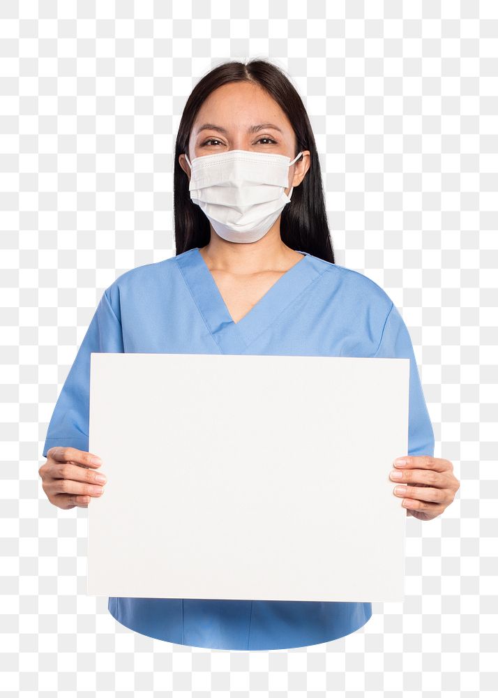 PNG Female doctor with blank sign board, collage element, transparent background