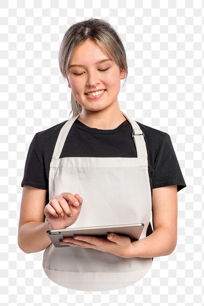 Cafe employee png taking orders with tablet, transparent background