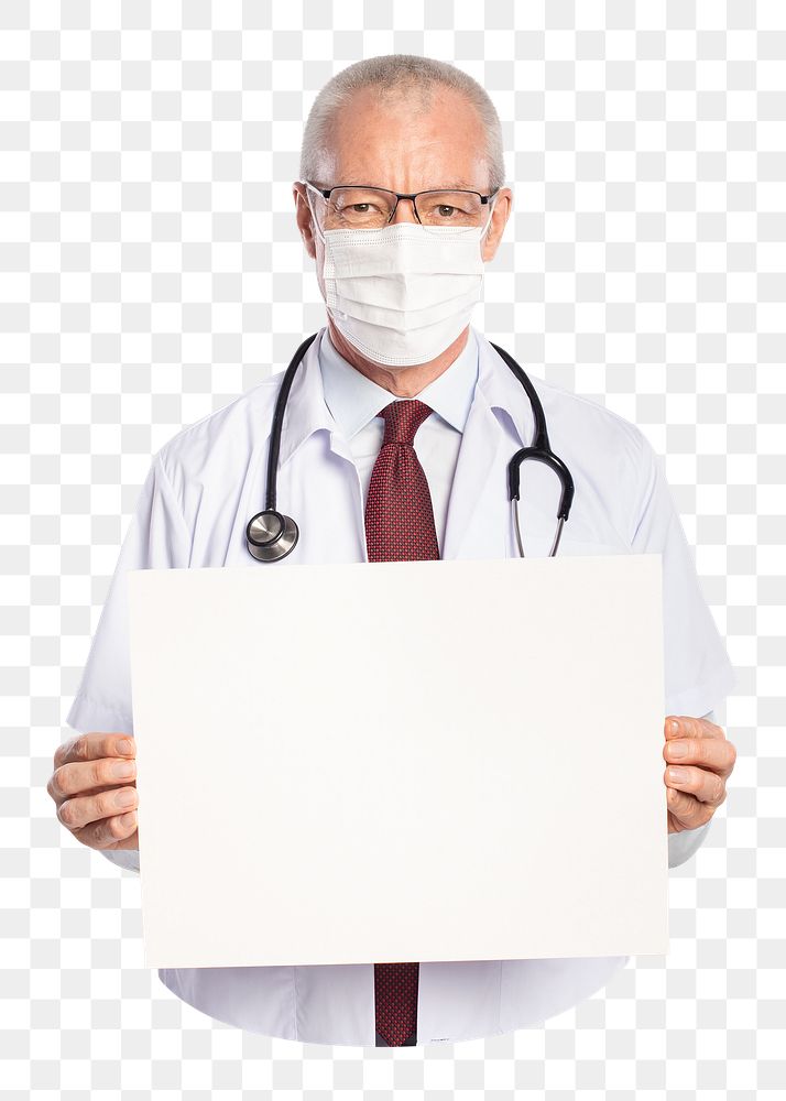 Matured male doctor png in a face mask showing blank sign board, transparent background