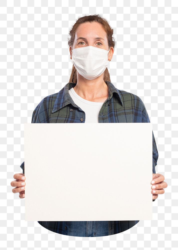 Blank sign png with woman in a face mask, transparent background