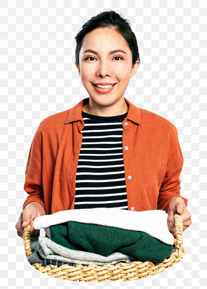 Asian woman png holding laundry basket, transparent background