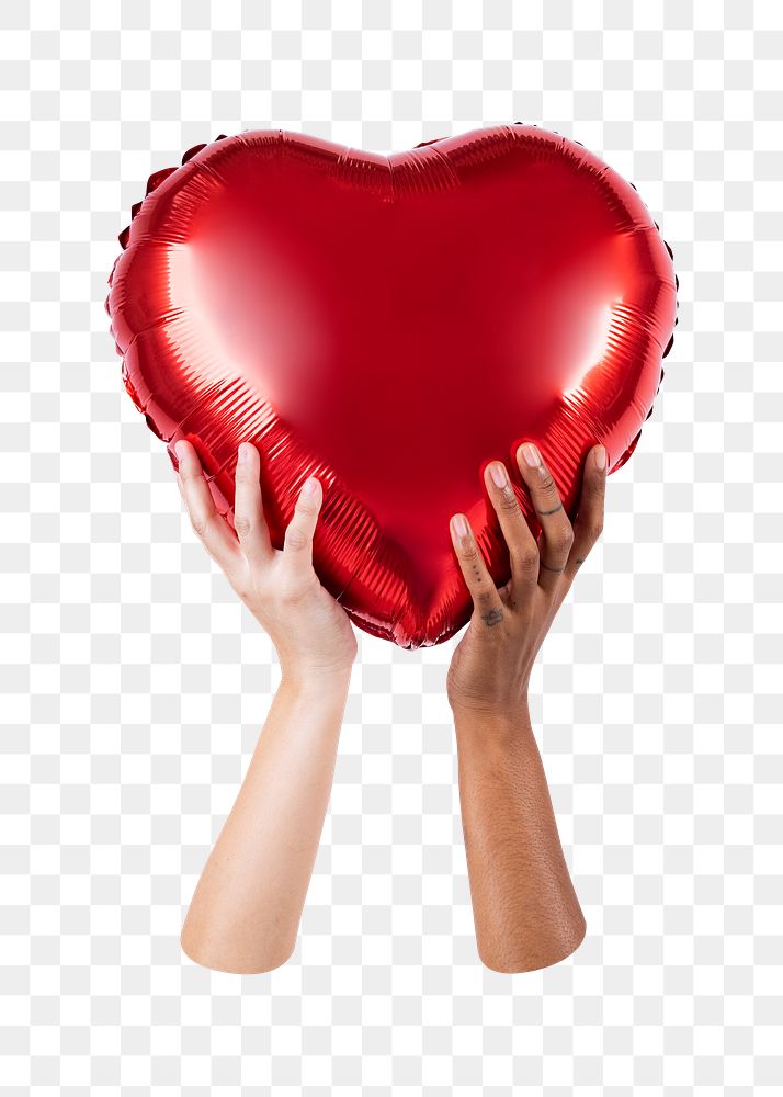 PNG Valentine's heart balloon held by a person, transparent background