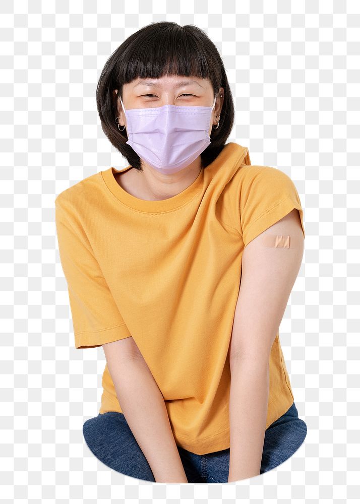 PNG  Vaccinated Asian woman presenting shoulder, transparent background