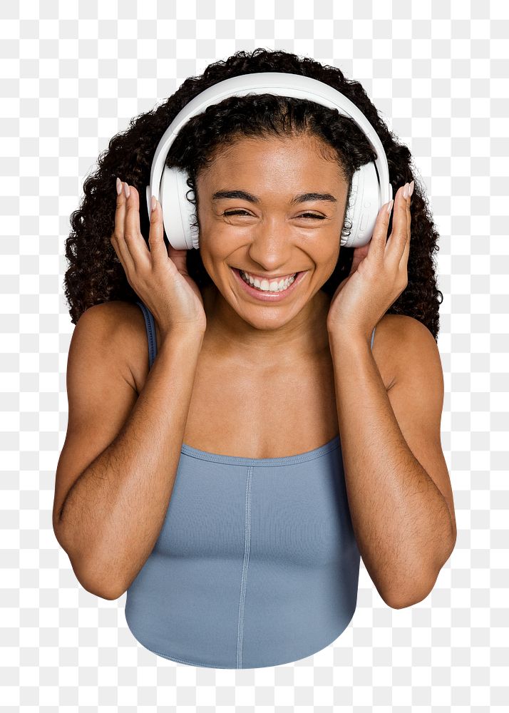 Png woman with headphones, transparent background