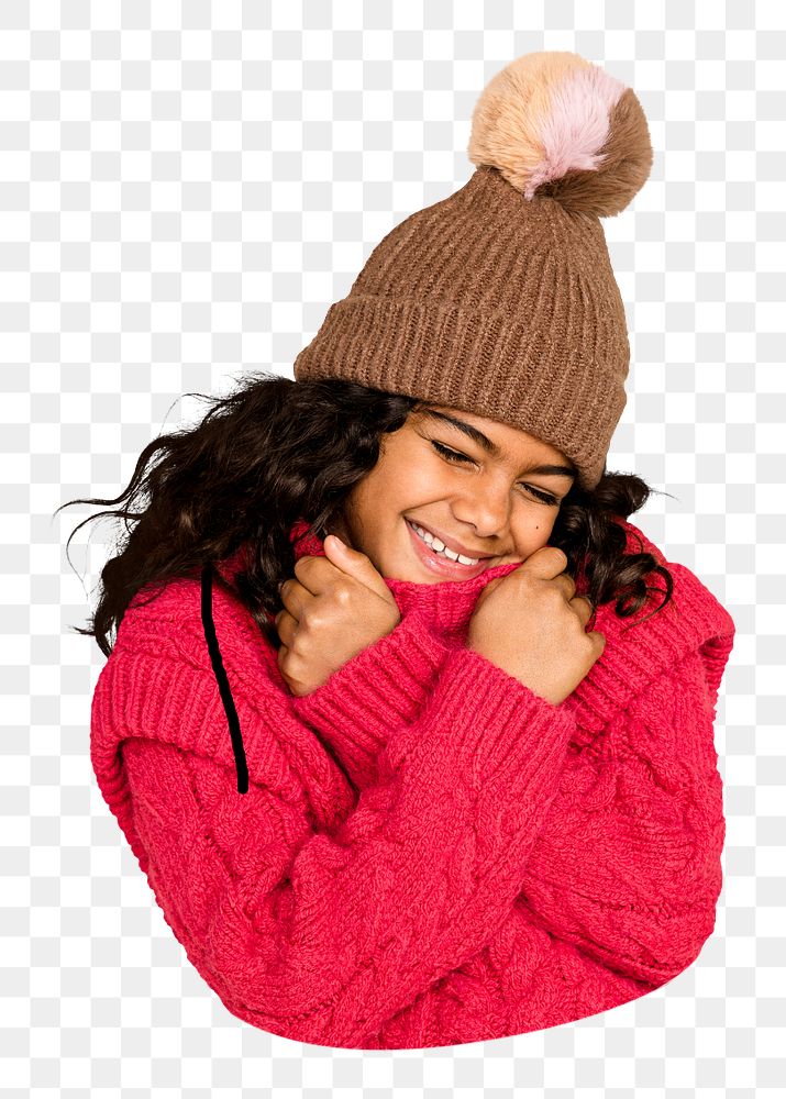 Little girl png in knitted sweater, transparent background