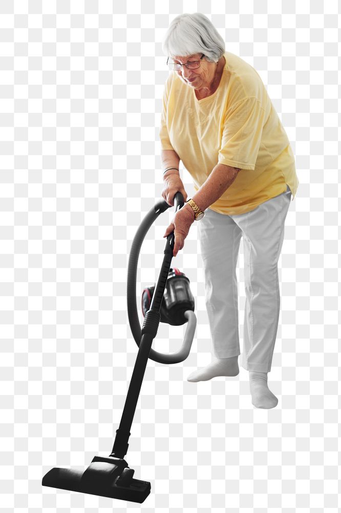 Png senior woman vacuuming, isolated collage element, transparent background