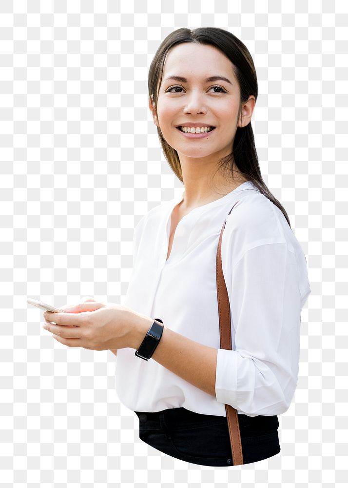 Businesswoman holding smartphone png, transparent background