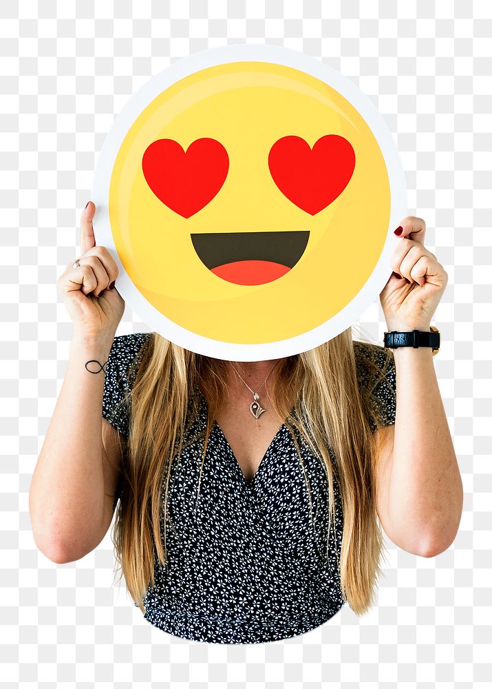 PNG Woman holding heart eyes emoji, collage element, transparent background