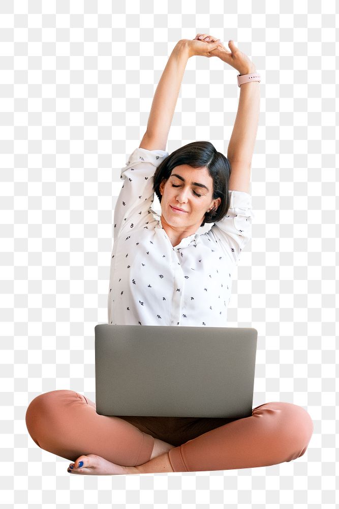 Working-woman freelancer stretching  png, transparent background