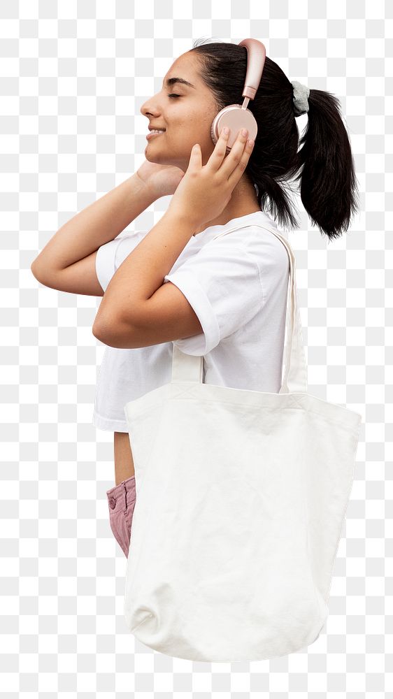 Woman png in headphone, transparent background