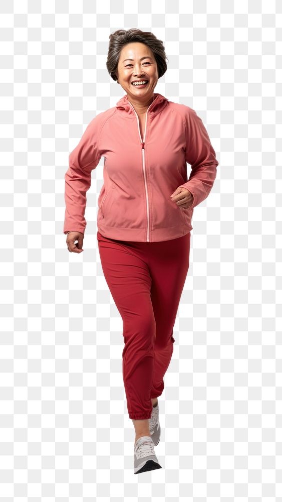 PNG 60 years old Asian Senior woman running sweatshirt footwear smiling. 