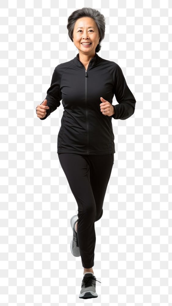 PNG 60 years old Asian Senior woman running jogging smiling adult. AI generated Image by rawpixel.