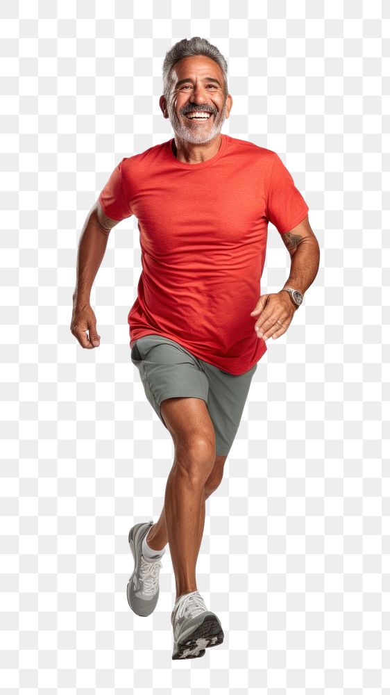 PNG 60 years old hispanic Senior man running footwear smiling jogging. AI generated Image by rawpixel.