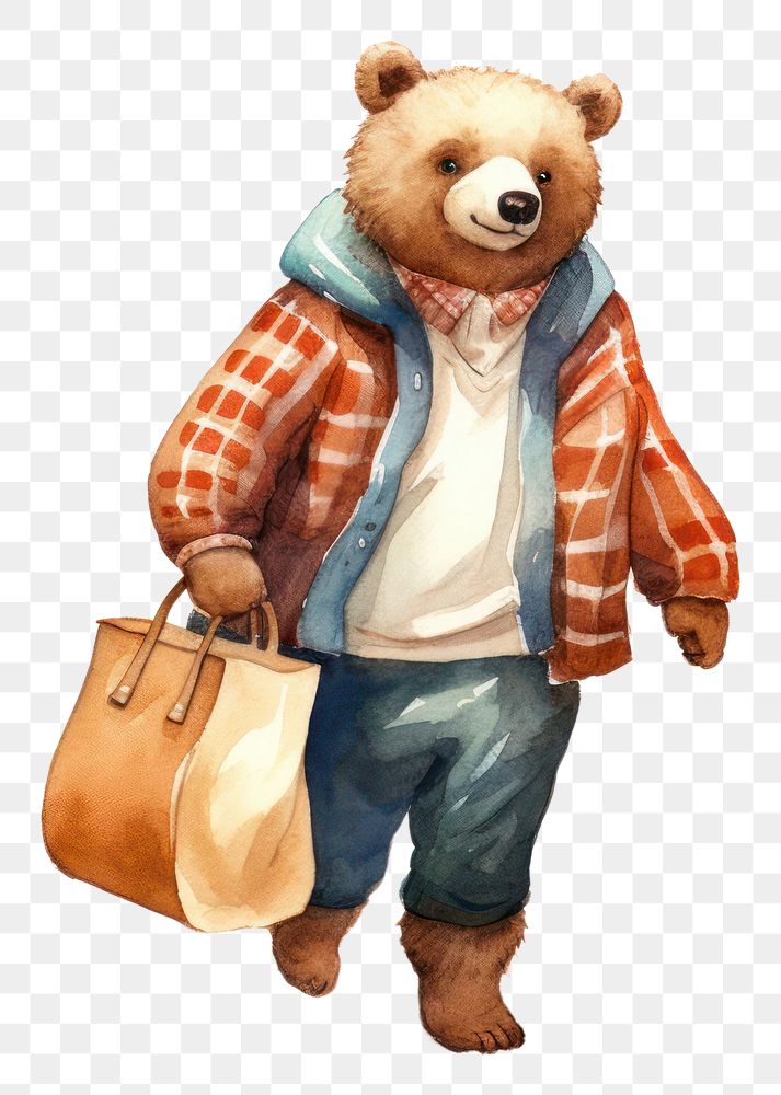 PNG Bear waring shirt carrying a bag mammal cute toy. AI generated Image by rawpixel.