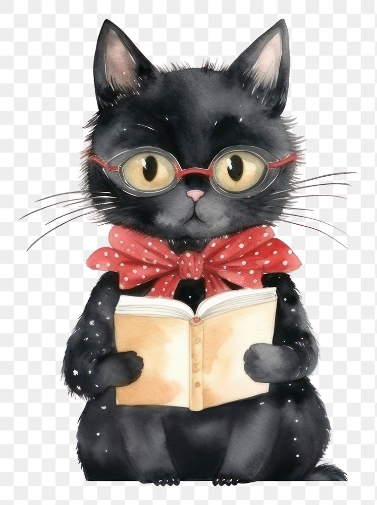 PNG Black cat read a book cartoon animal mammal. AI generated Image by rawpixel.