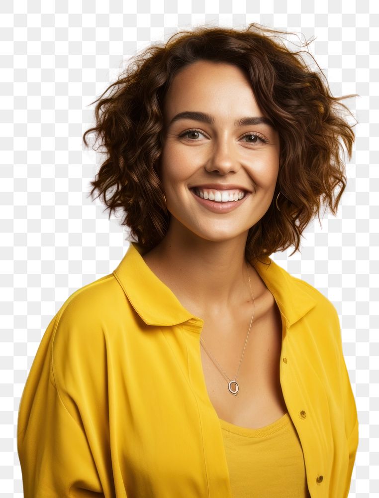 PNG  Young woman portrait smiling yellow. AI generated Image by rawpixel.