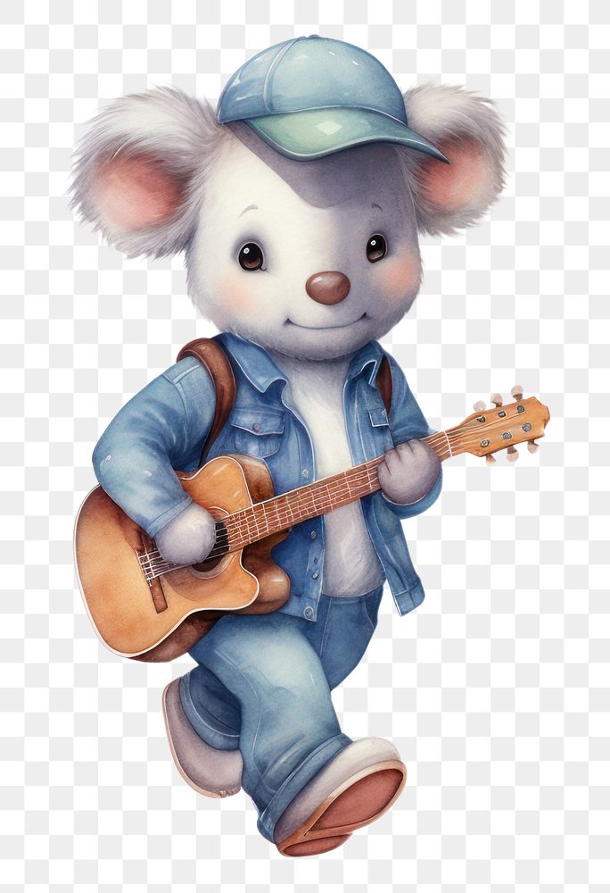 PNG Koalas wearing jeans overalls cartoon guitar cute. 