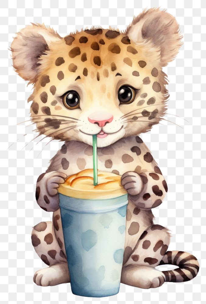 PNG Leopard eating protein shake cheetah mammal drink. AI generated Image by rawpixel.