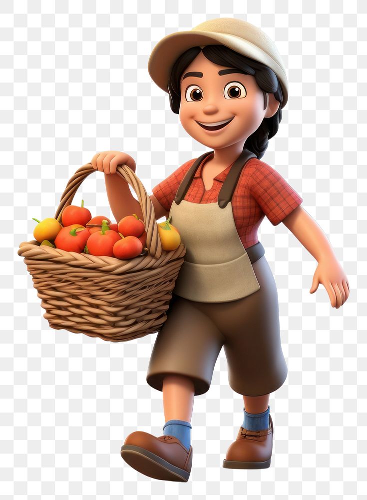 PNG Farmer woman carrying fruit basket smiling cartoon white background. 