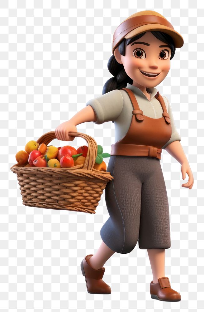 PNG Farmer woman carrying fruit basket smiling cartoon white background. AI generated Image by rawpixel.