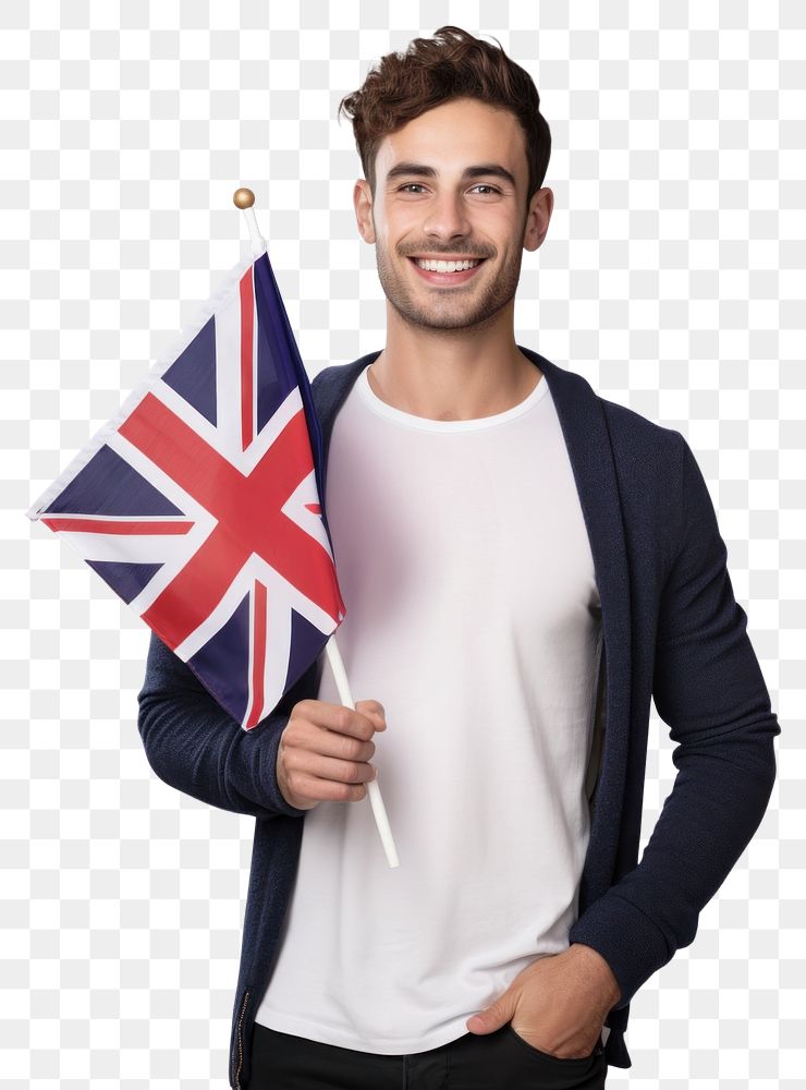 PNG  A british university student holding small UK flag portrait adult white background