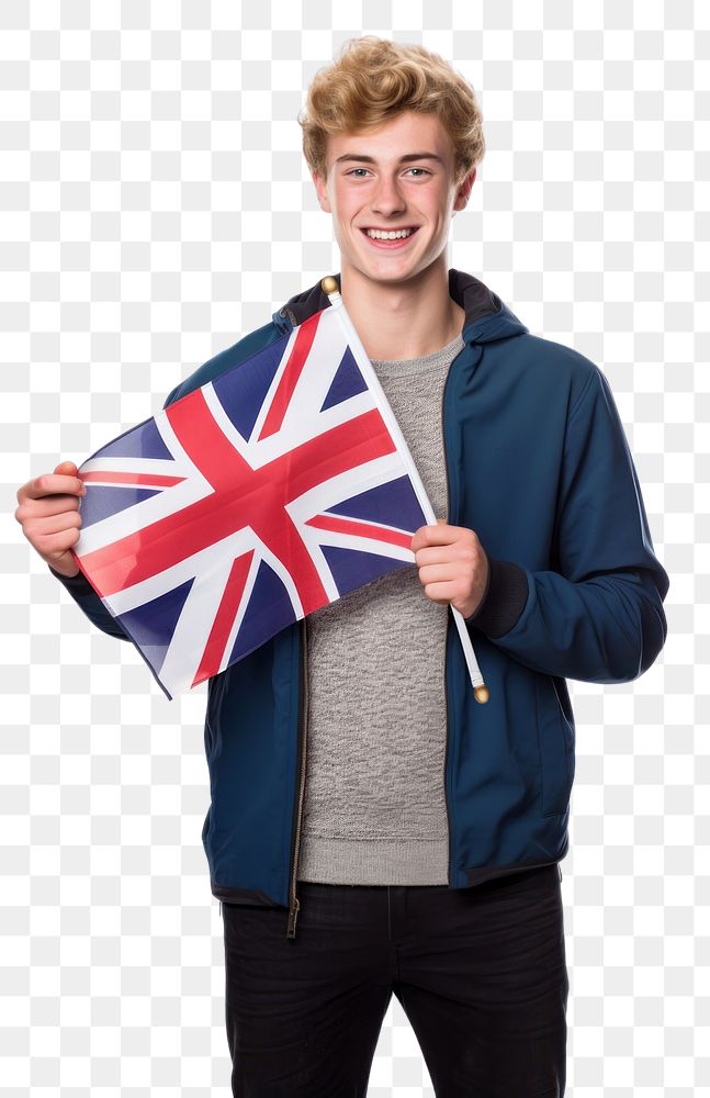 PNG  A british university student holding small UK flag portrait white background independence. AI generated Image by…
