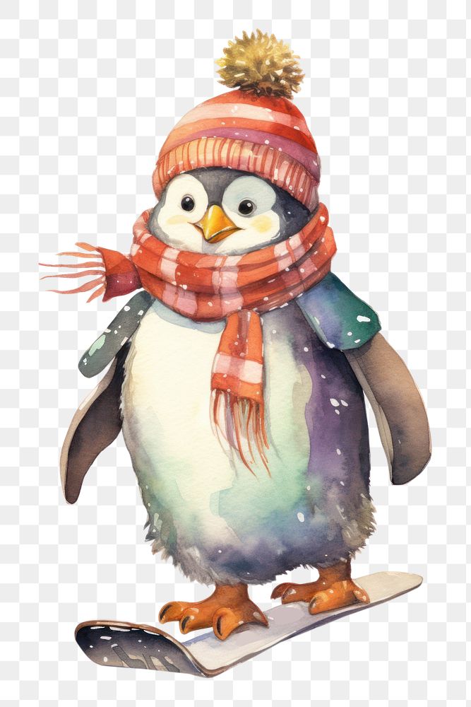 PNG Penguin playing snowboard snowman winter animal. 