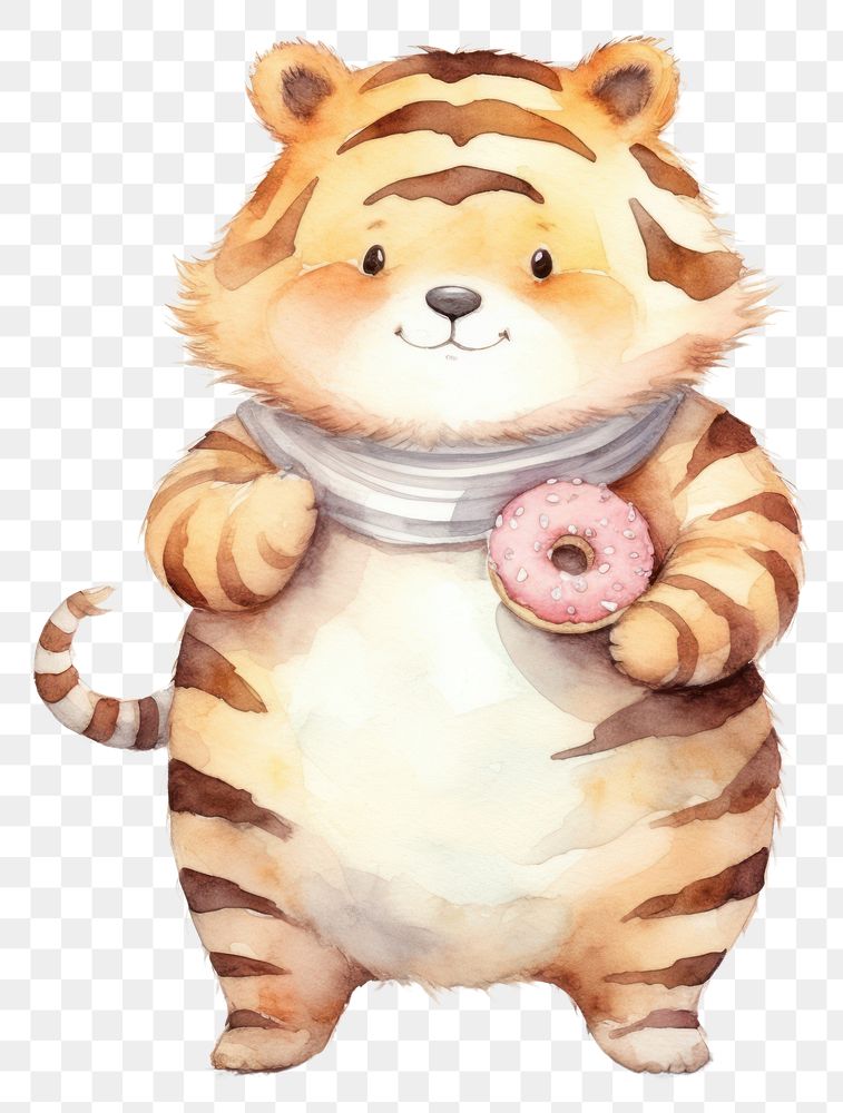 PNG A cute fat tiger holding a donut animal mammal white background. AI generated Image by rawpixel.
