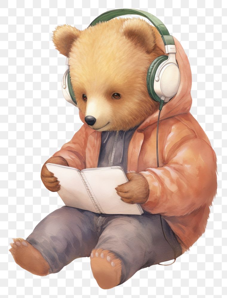 PNG Little bear headphones book white background. AI generated Image by rawpixel.