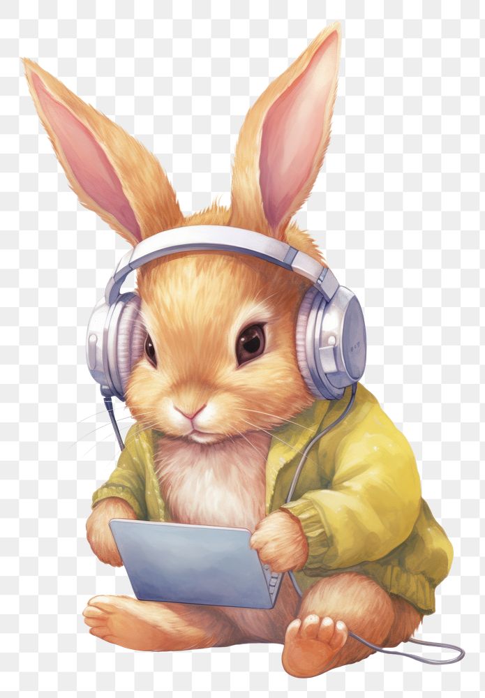 PNG Rabbit student studying headphones computer mammal. AI generated Image by rawpixel.