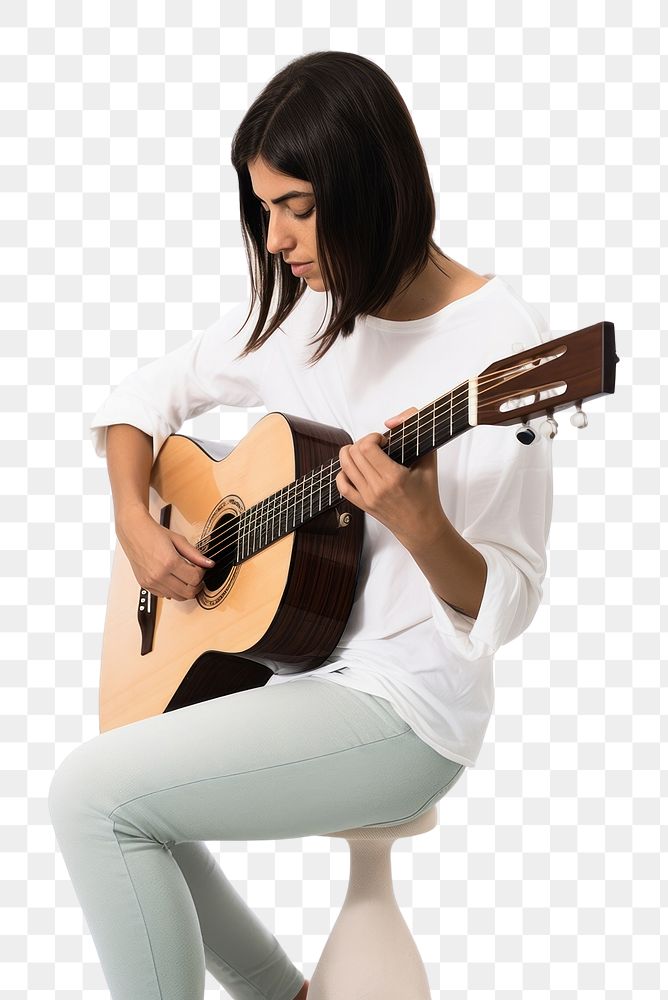 PNG Woman playing guitar musician adult white background. AI generated Image by rawpixel.