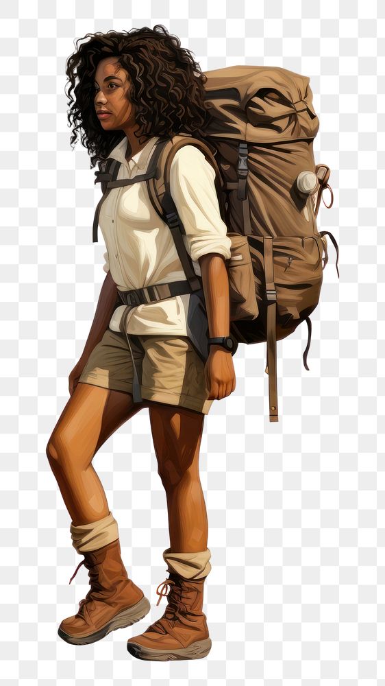 PNG  Black woman trekking backpack shorts bag. AI generated Image by rawpixel.