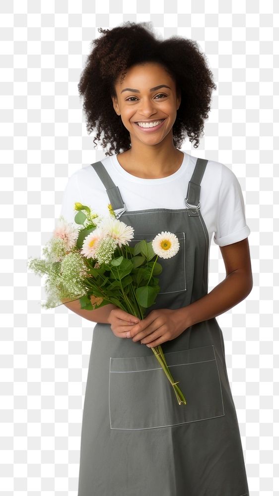 PNG Florist smiling flower apron. AI generated Image by rawpixel.