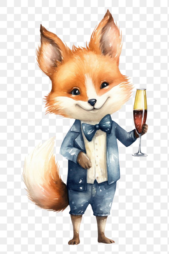 PNG Fox character holding champagne animal mammal cute. 