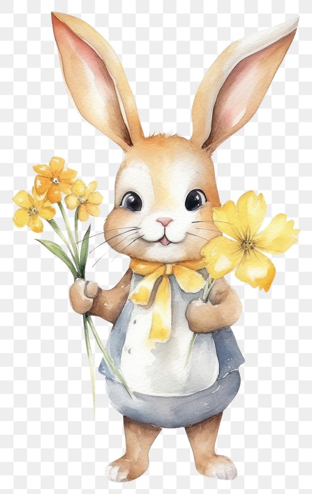 PNG Cute rabbit holding flowers animal mammal white. 