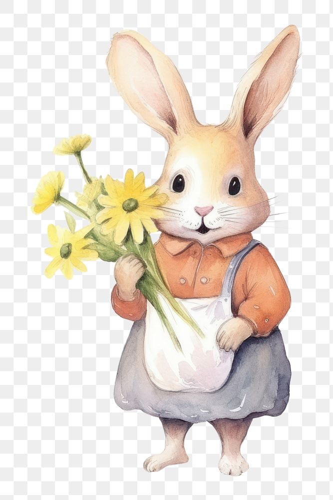 PNG Rabbit holding flowers animal mammal plant. AI generated Image by rawpixel.