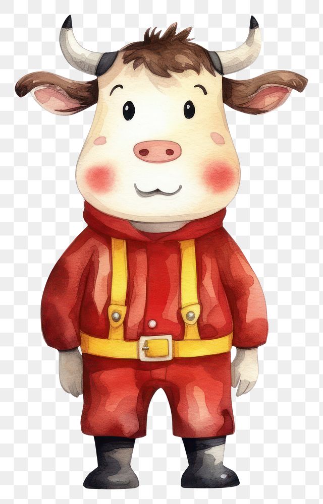 PNG Cow fireman costume livestock figurine cartoon. AI generated Image by rawpixel.