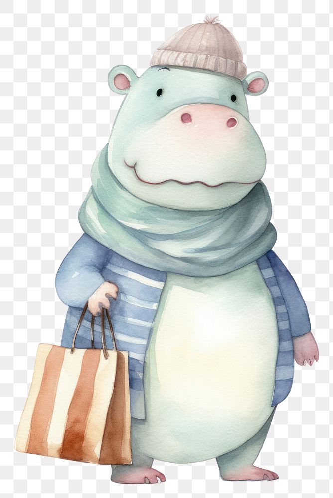 PNG Hippo holding shopping bag cartoon white background representation. AI generated Image by rawpixel.