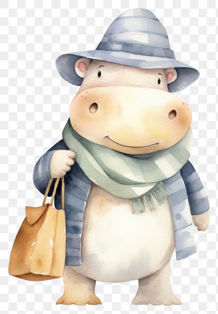 PNG Hippo holding shopping bag clothing cartoon hat. AI generated Image by rawpixel.