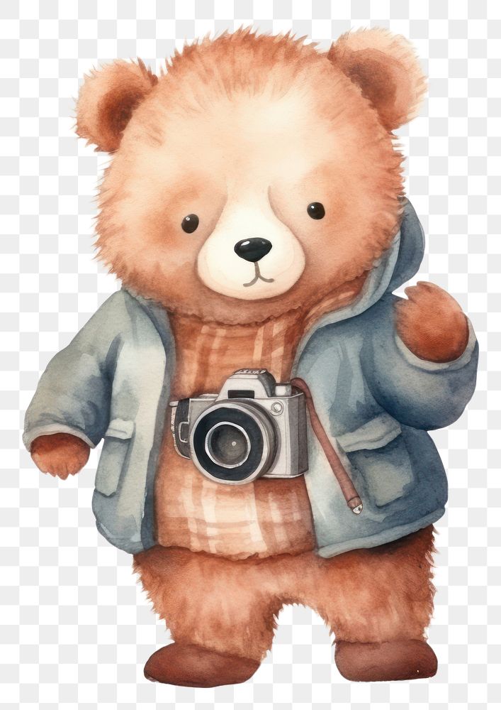 PNG Baby cute grizzly bear photographer camera toy. 