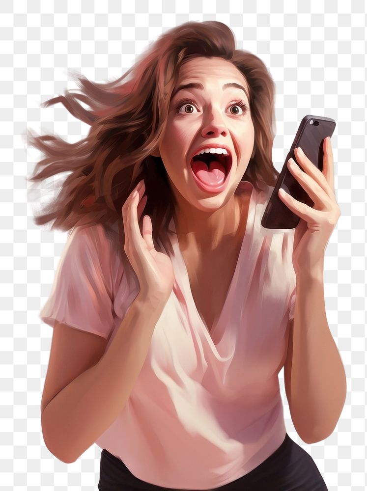 PNG Cell phone surprise shouting adult. AI generated Image by rawpixel.