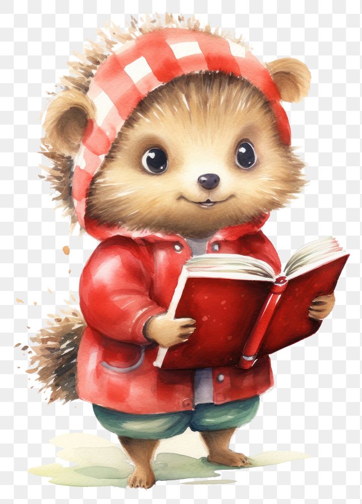 PNG Hedgehog character wearing student costume reading cute rat. 