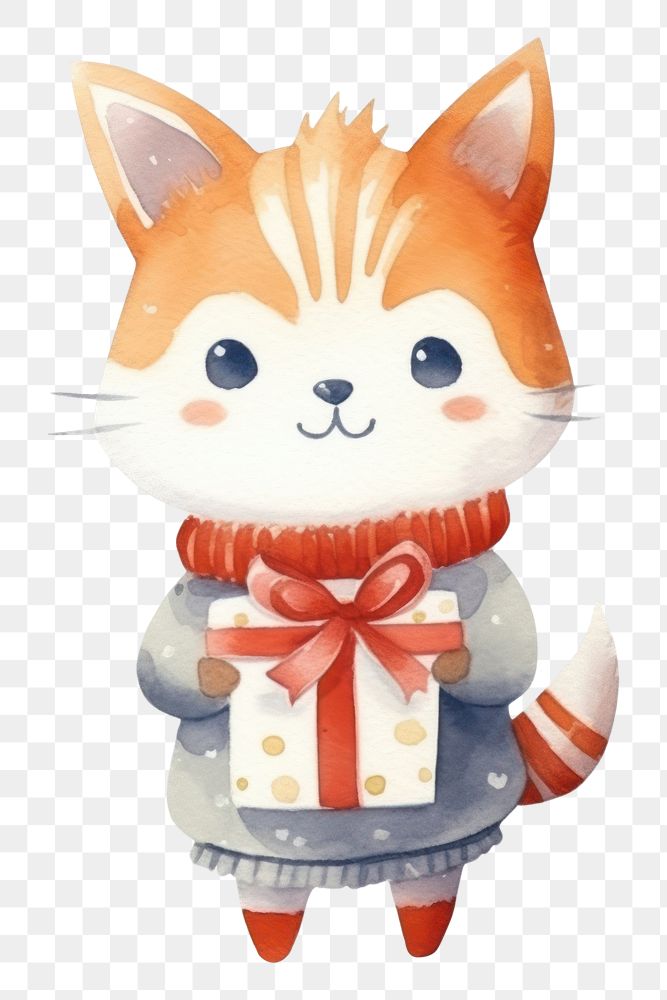 PNG Cat holding christmas present figurine cartoon animal. 