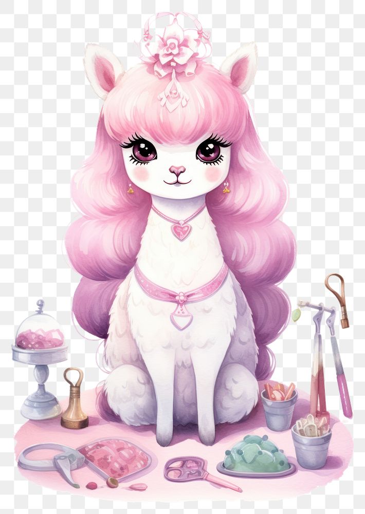 PNG Alpaca beauty salon cartoon cute doll. 