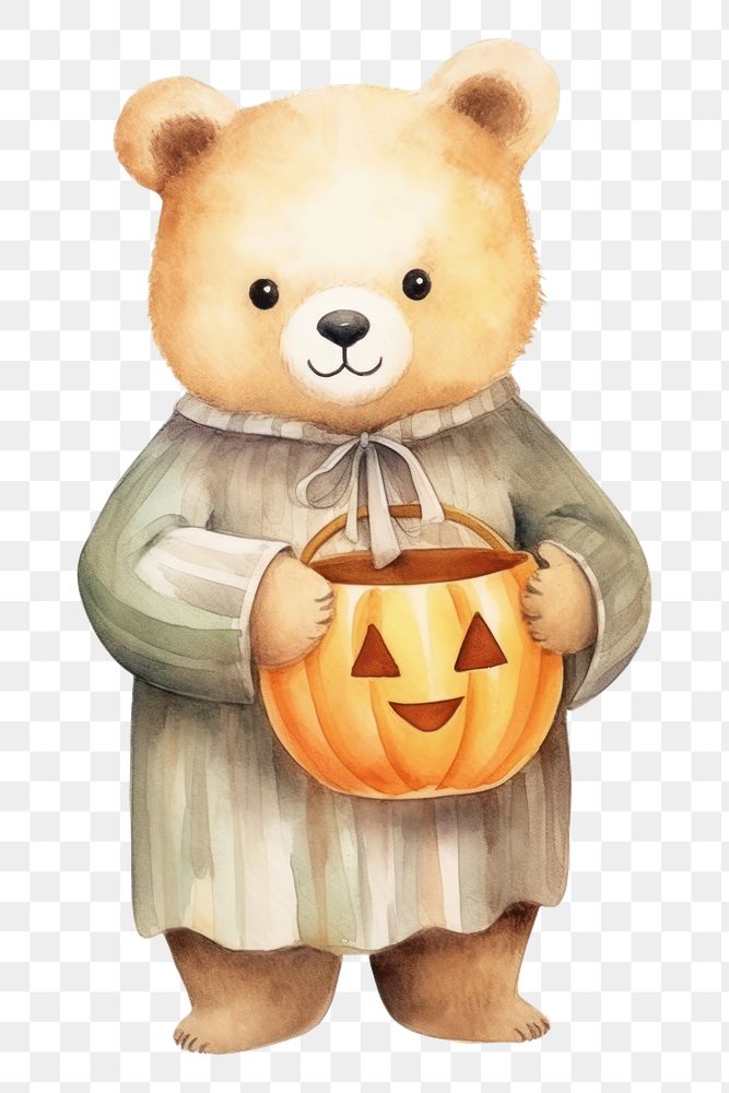 PNG Bear holding halloween pumpkin basket cartoon cute toy. 