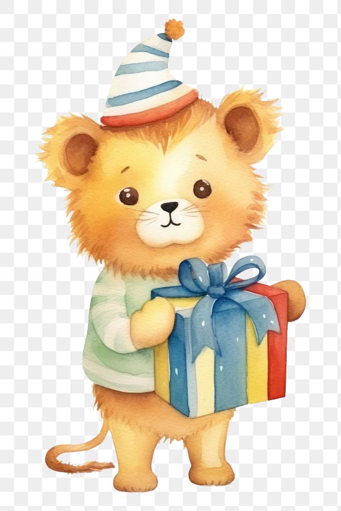 PNG Lion holding christmas present cartoon cute toy. 